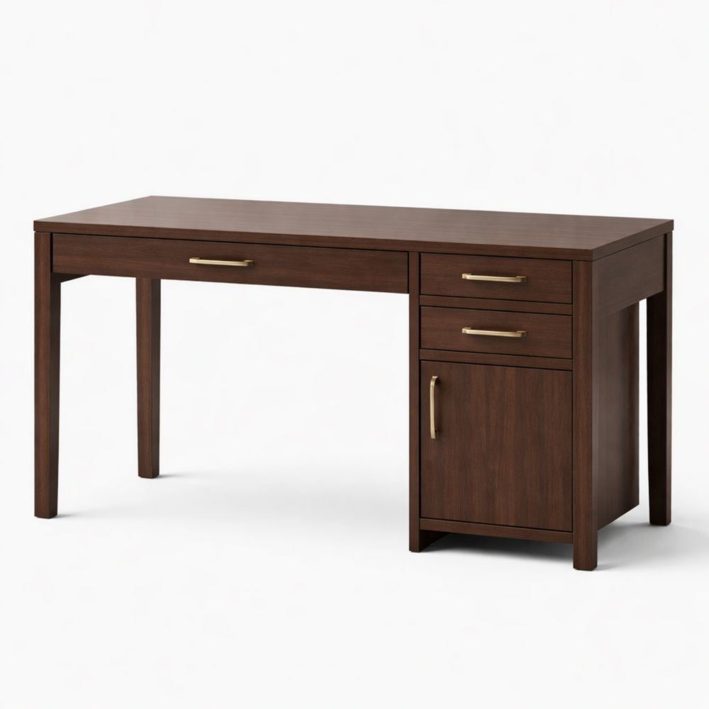 Wood Desk with Drawers and Cabinet in Walnut Finish