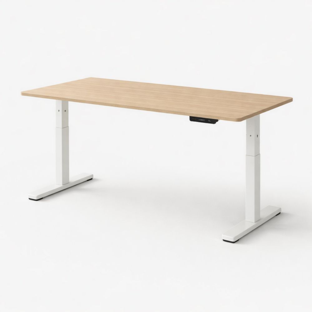 Adjustable Height Desk with Oak Top and White Metal Frame 120 x 60 cm