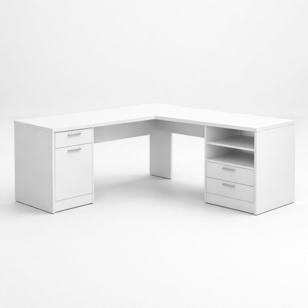 L-Shaped White MDF Office Desk with Storage Drawers and Shelves