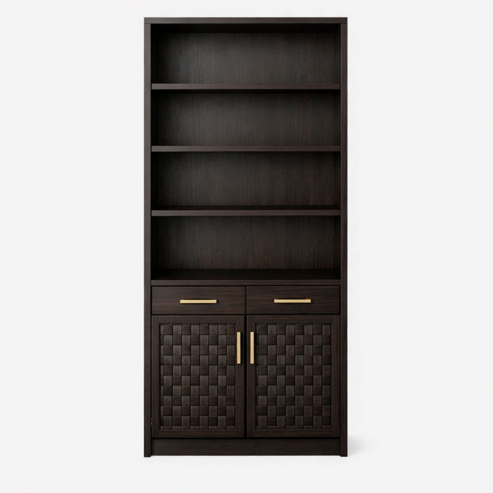Dark Brown Wood Bookcase with Shelves and Drawers