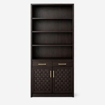 Dark Brown Wood Bookcase with Shelves and Drawers