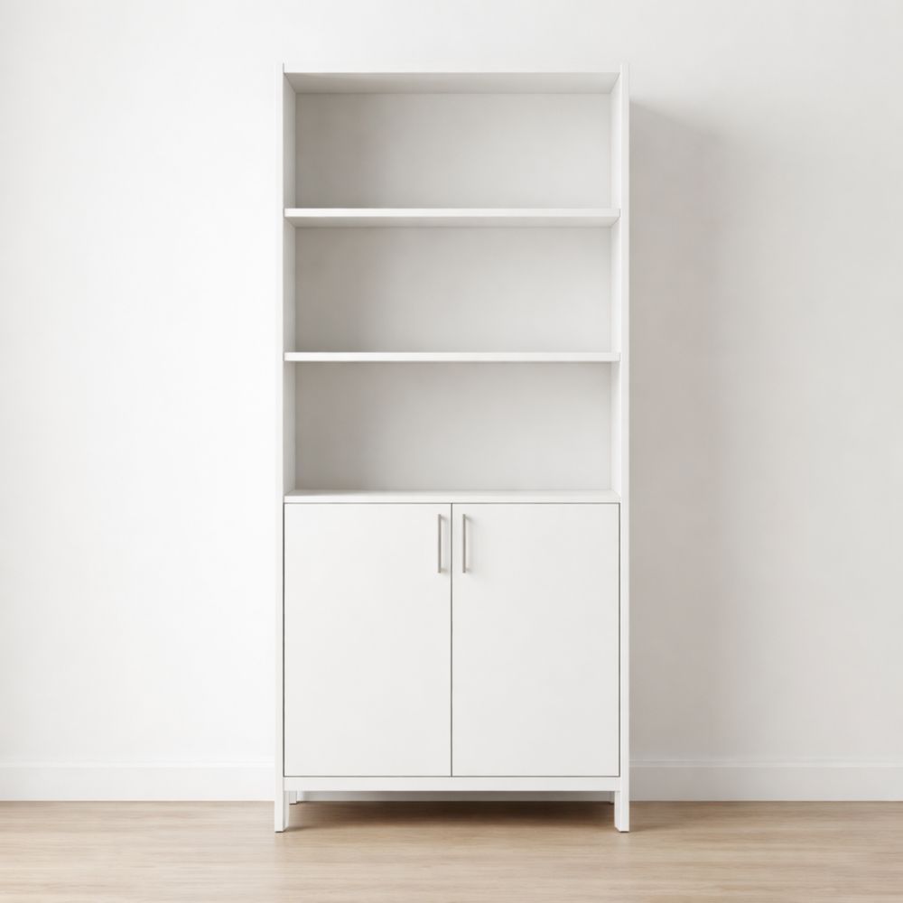 White Wood Bookshelf with Cabinet 180cm Height 80cm Width 30cm Depth
