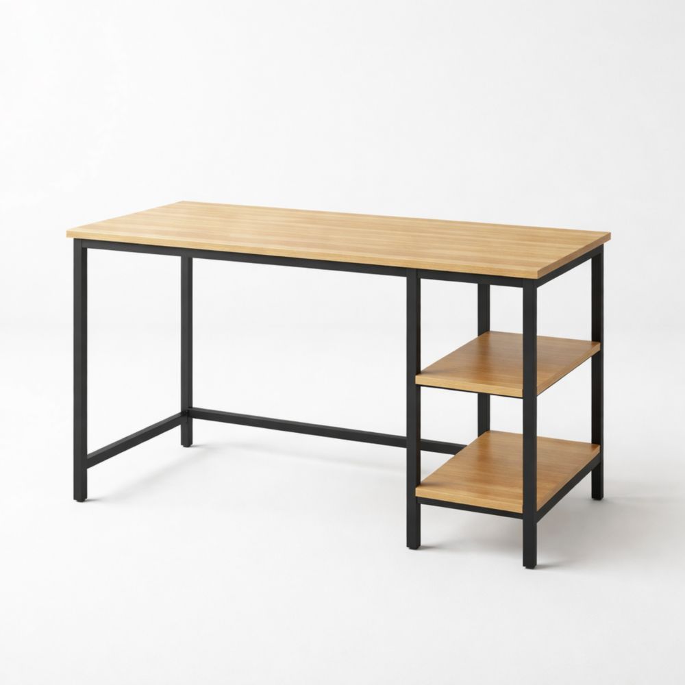 Wood Office Desk with Metal Frame and Shelves Natural Finish 120cm x 60cm x 75cm