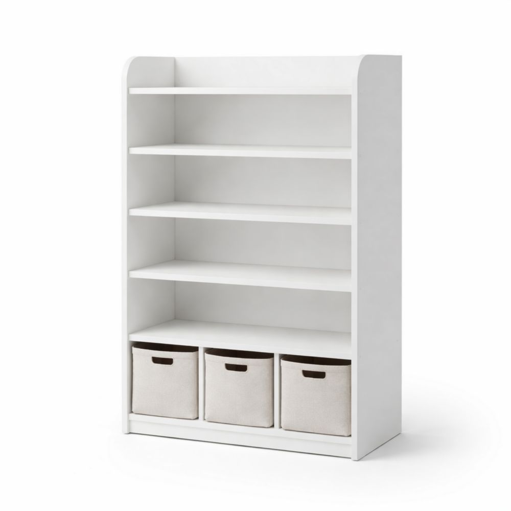 White Wood Bookcase with Shelves and Fabric Bins