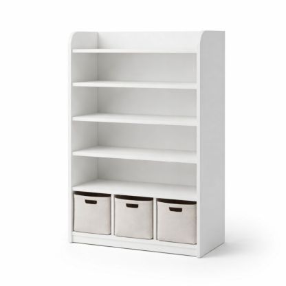 White Wood Bookcase with Shelves and Fabric Bins