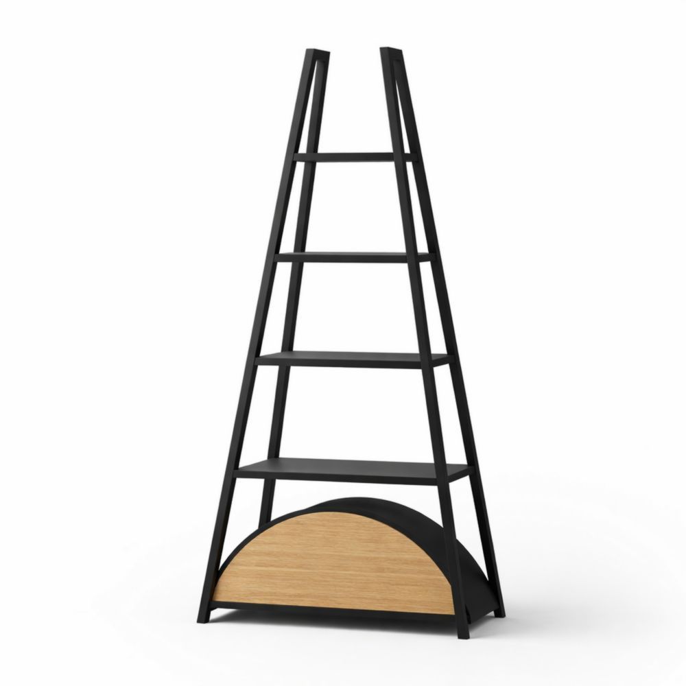 Ladder Bookshelf with Steel Frame and Wood Base Shelves in Black