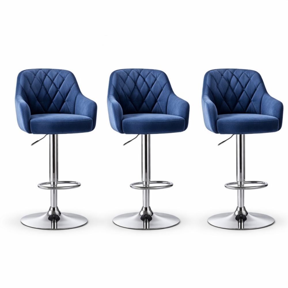 Set of 3 Blue Velvet Adjustable Swivel Bar Stools with Chrome Base