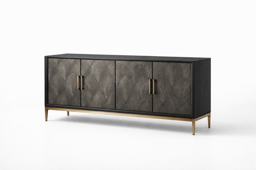 Contemporary Black Sideboard with Embossed Panels and Metal Base