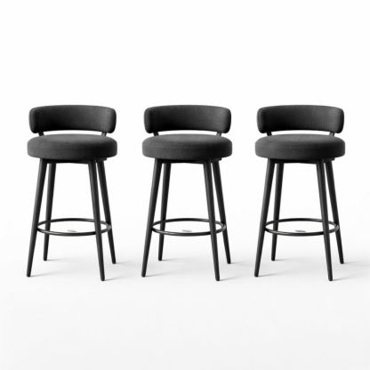 3-Piece Swivel Bar Stool Set with Black Steel Frame and Dark Polyester Upholstery