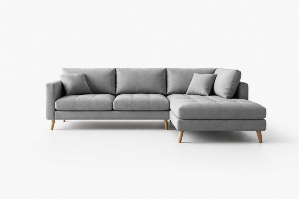 Gray Fabric L-Shaped Sectional Sofa with Wooden Legs