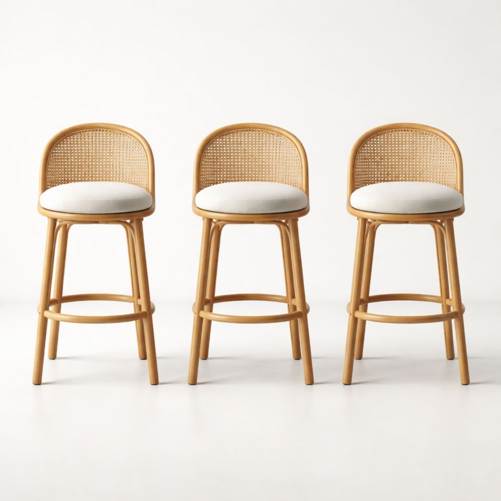 Set of 3 Rattan Bar Stools with Woven Back and Cushioned Seat
