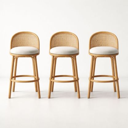 Set of 3 Rattan Bar Stools with Woven Back and Cushioned Seat