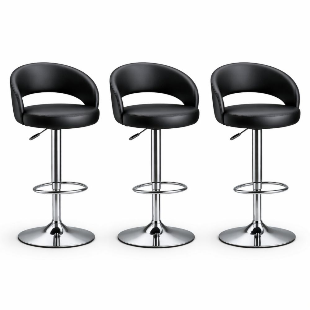 Set of 3 Black Adjustable Swivel Bar Stools with PU Leather and Chrome Base