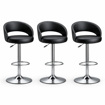 Set of 3 Black Adjustable Swivel Bar Stools with PU Leather and Chrome Base