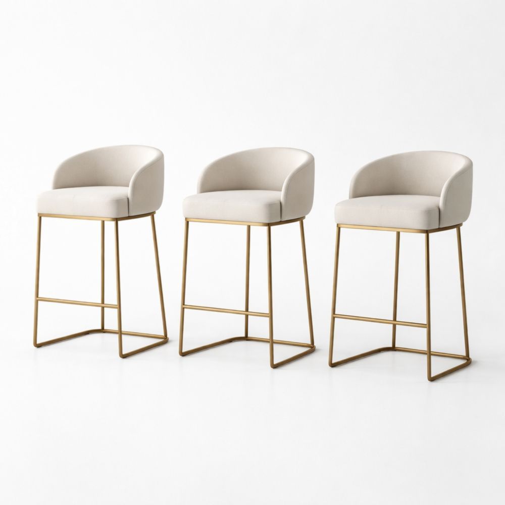 Set of 3 Beige Fabric Bar Stools with Gold Metal Base