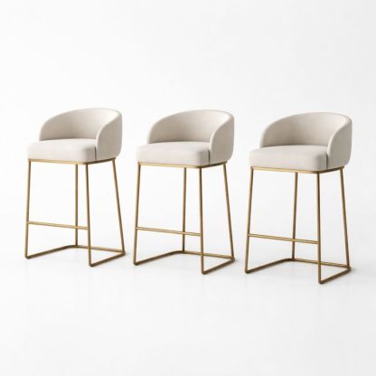 Set of 3 Beige Fabric Bar Stools with Gold Metal Base