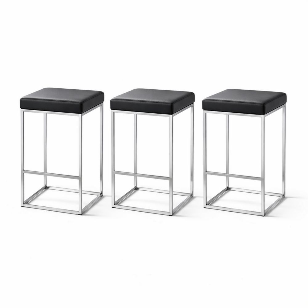 Set of 3 Stainless Steel Bar Stools with Black PU Leather Cushion