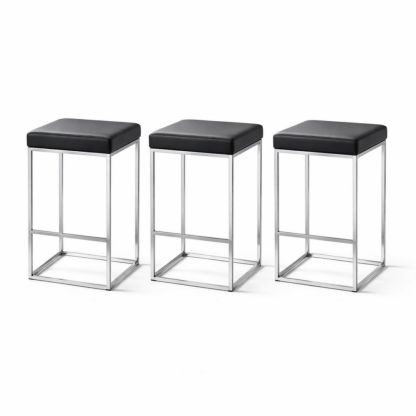 Set of 3 Stainless Steel Bar Stools with Black PU Leather Cushion