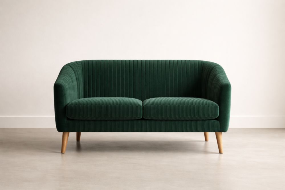 Green Velvet Two-Seater Sofa with Wood Legs