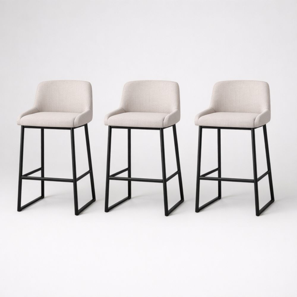 Set of 3 Bar Stools with Black Steel Legs and Beige Polyester Upholstery