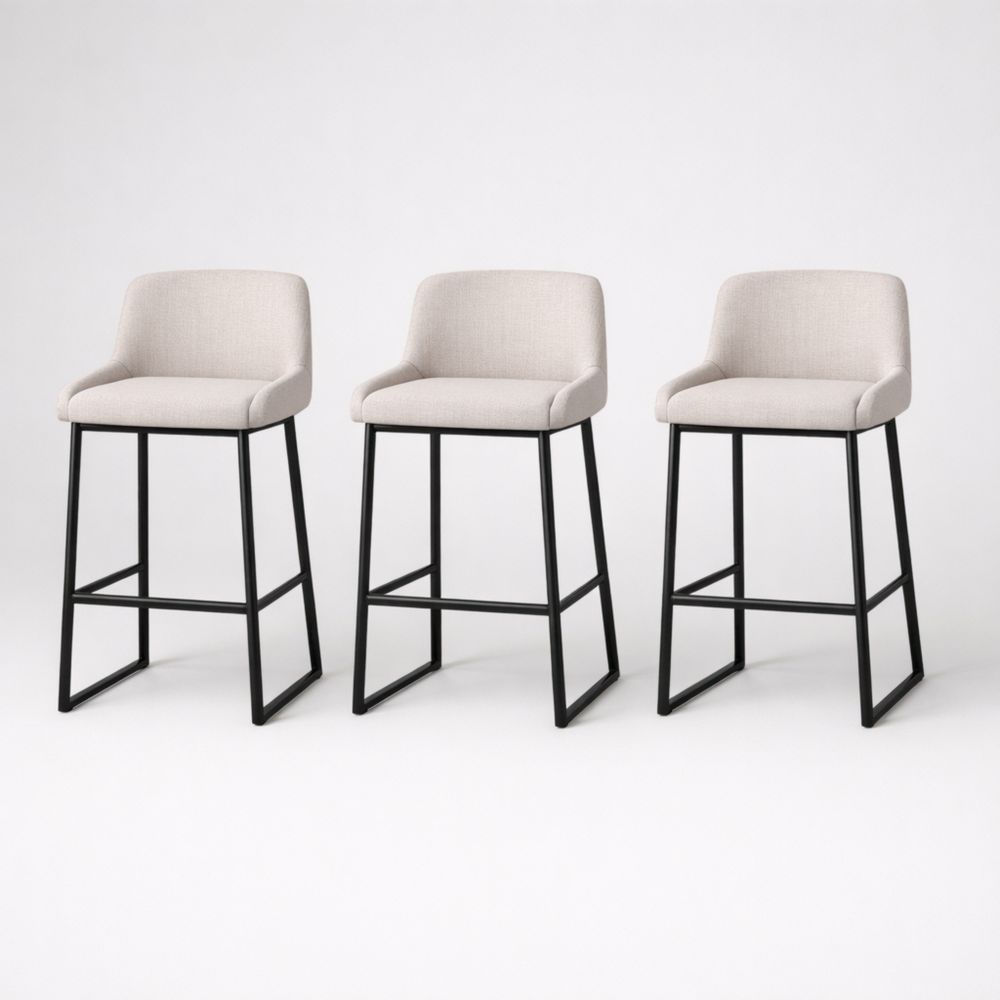 Set of 3 Bar Stools with Black Steel Legs and Beige Polyester Upholstery