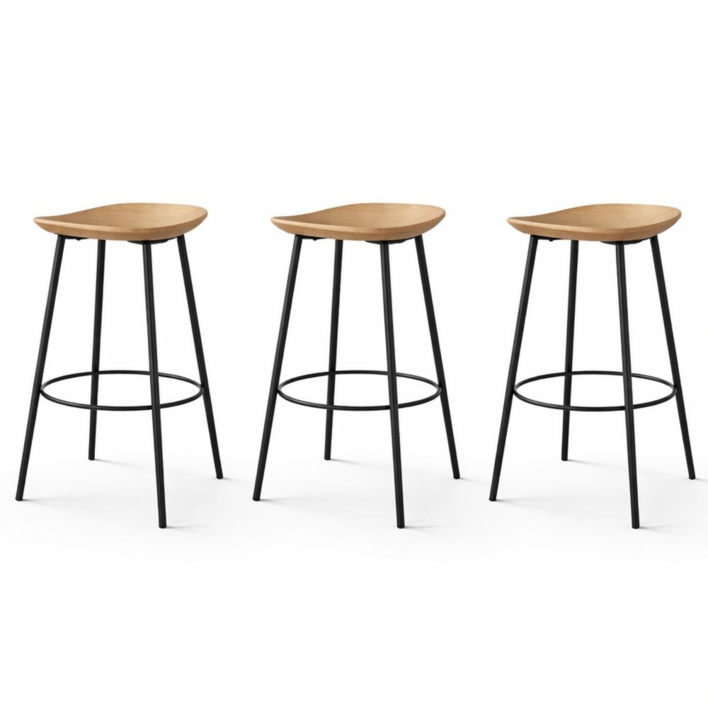 Set of 3 Oak Wood Bar Stools with Metal Legs
