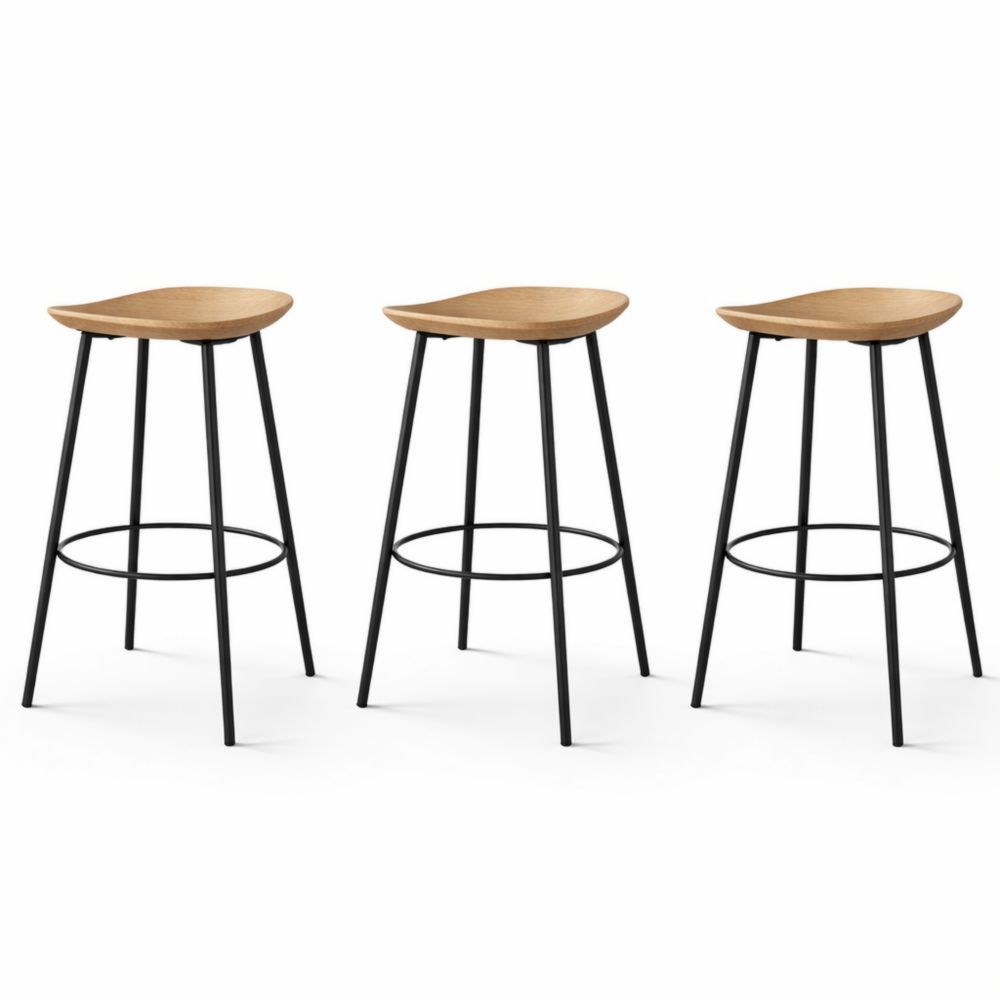 Set of 3 Oak Wood Bar Stools with Metal Legs