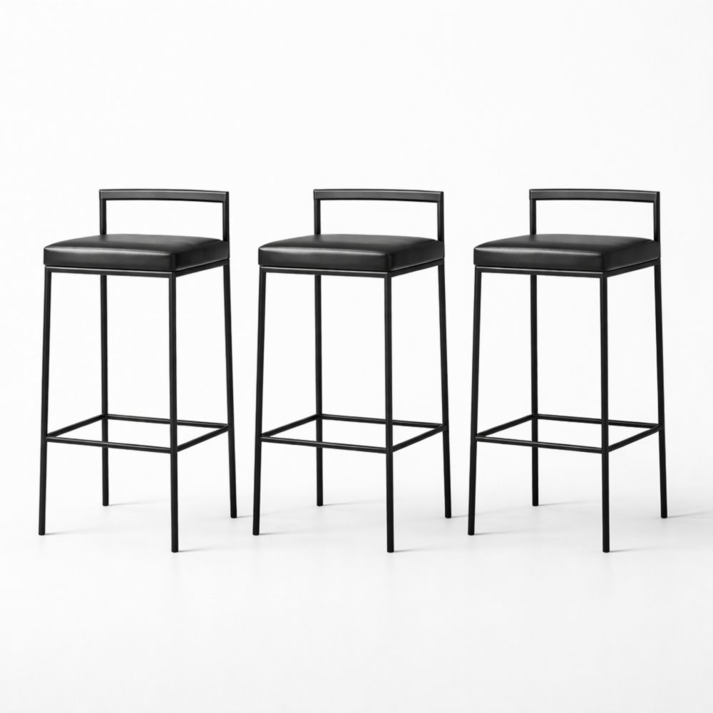 Set of 3 Black Metal and Faux Leather Bar Stools