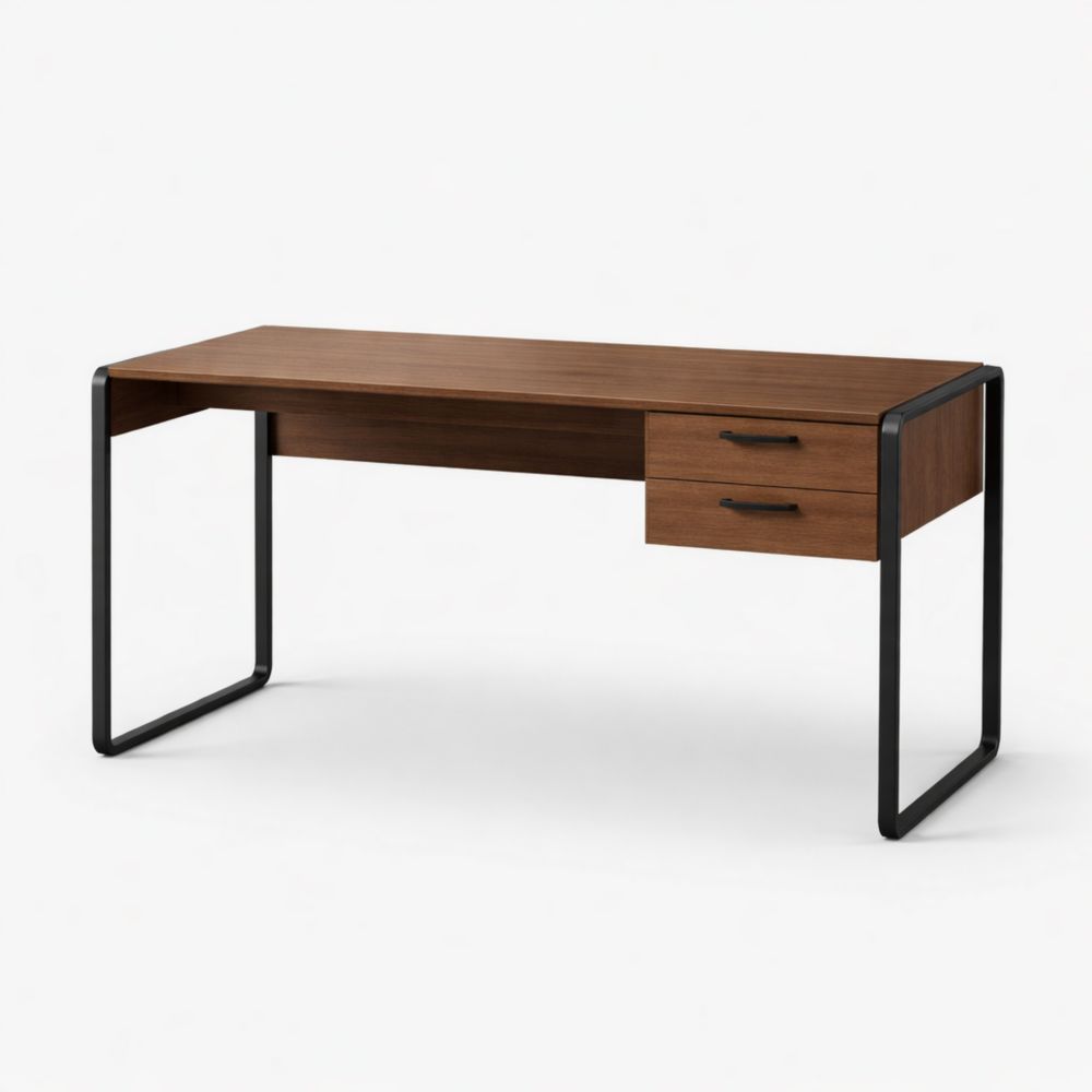 Walnut Office Desk with Metal Frame and Drawers