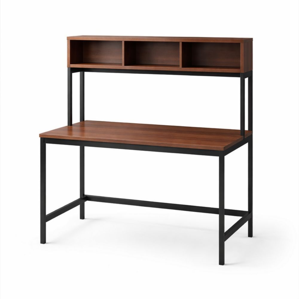 Wooden office desk with shelves and metal frame, 120 cm × 50 cm × 130 cm, brown