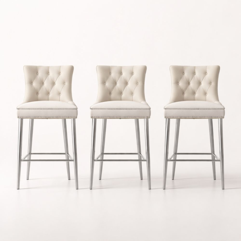 Set of 3 Tufted Bar Stools PU Leather with Chrome Legs 110cm Beige