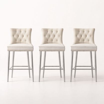 Set of 3 Tufted Bar Stools PU Leather with Chrome Legs 110cm Beige