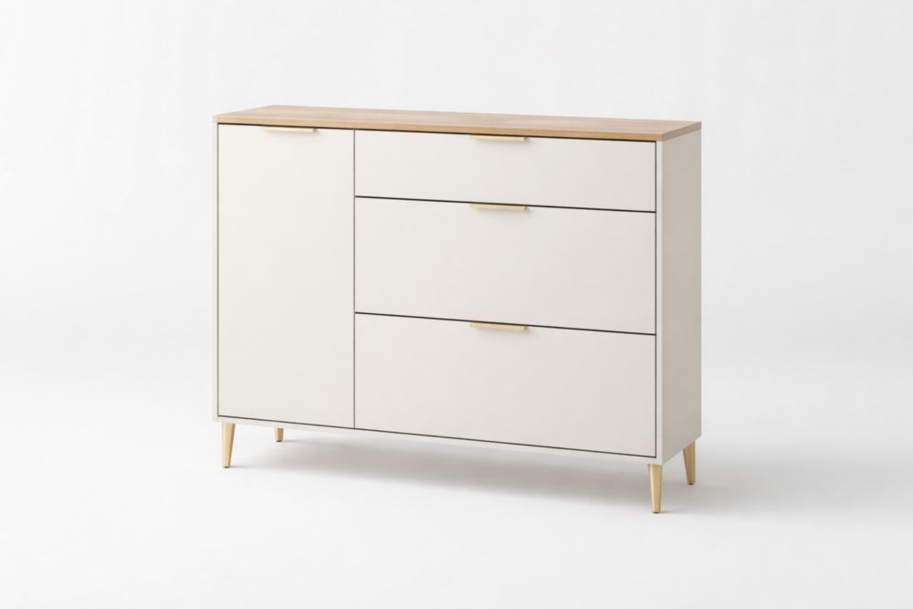 Engineered Wood and Metal Sideboard with White Finish and Oak Veneer Top