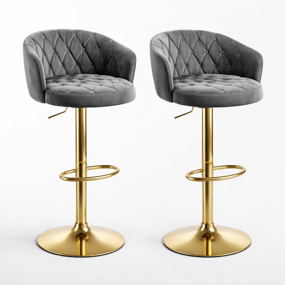 Set of 2 Grey Velvet Bar Stools with Gold Steel Base and Adjustable Height