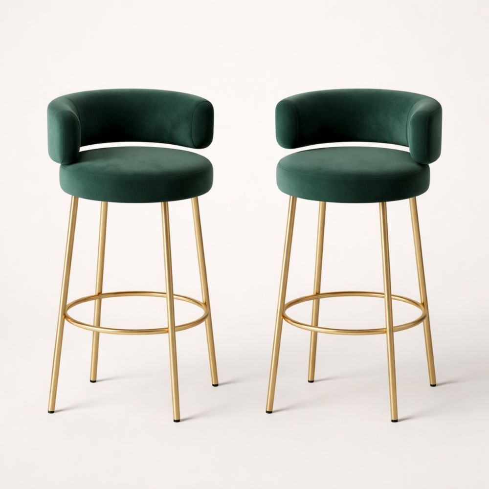 Set of 2 Green Velvet Bar Stools with Gold Metal Legs
