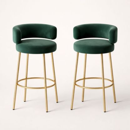 Set of 2 Green Velvet Bar Stools with Gold Metal Legs