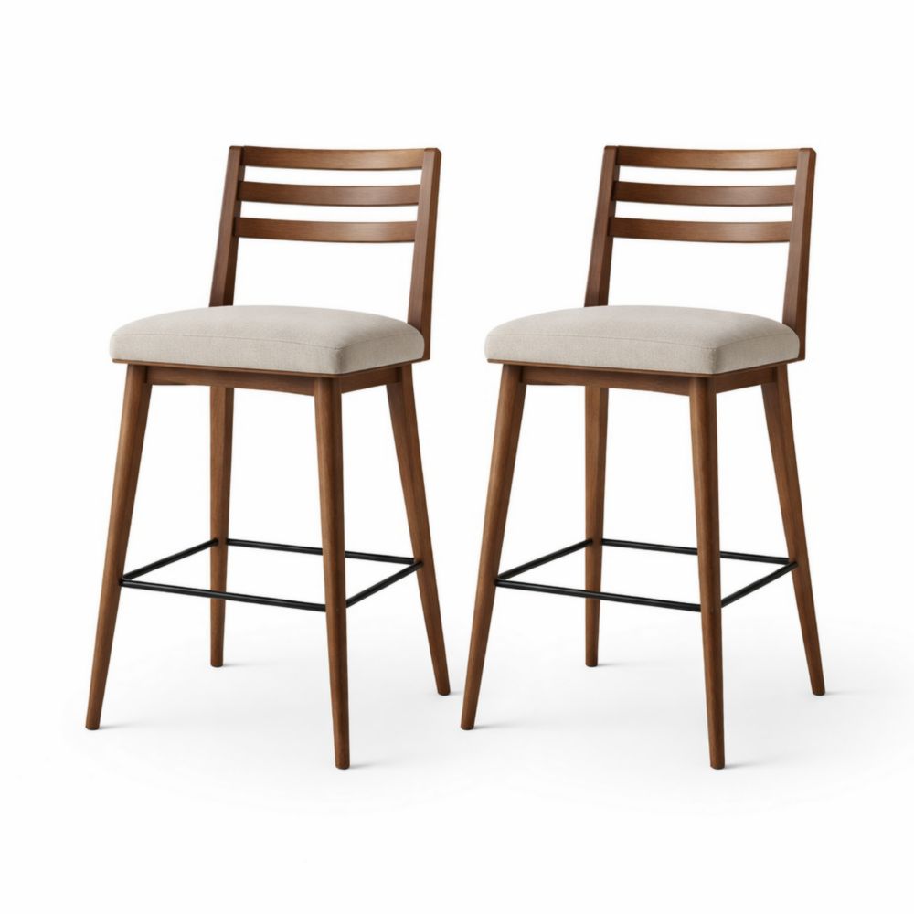 Set of 2 Wooden Bar Stools with Beige Polyester Upholstered Seat