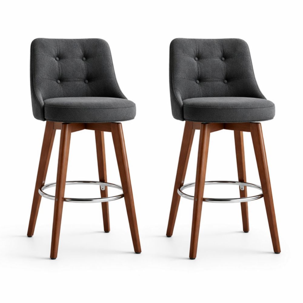 Set of 2 Dark Gray Upholstered Swivel Bar Stools with Tufted Backrest and Wood Legs