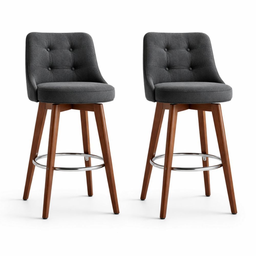 Set of 2 Dark Gray Upholstered Swivel Bar Stools with Tufted Backrest and Wood Legs