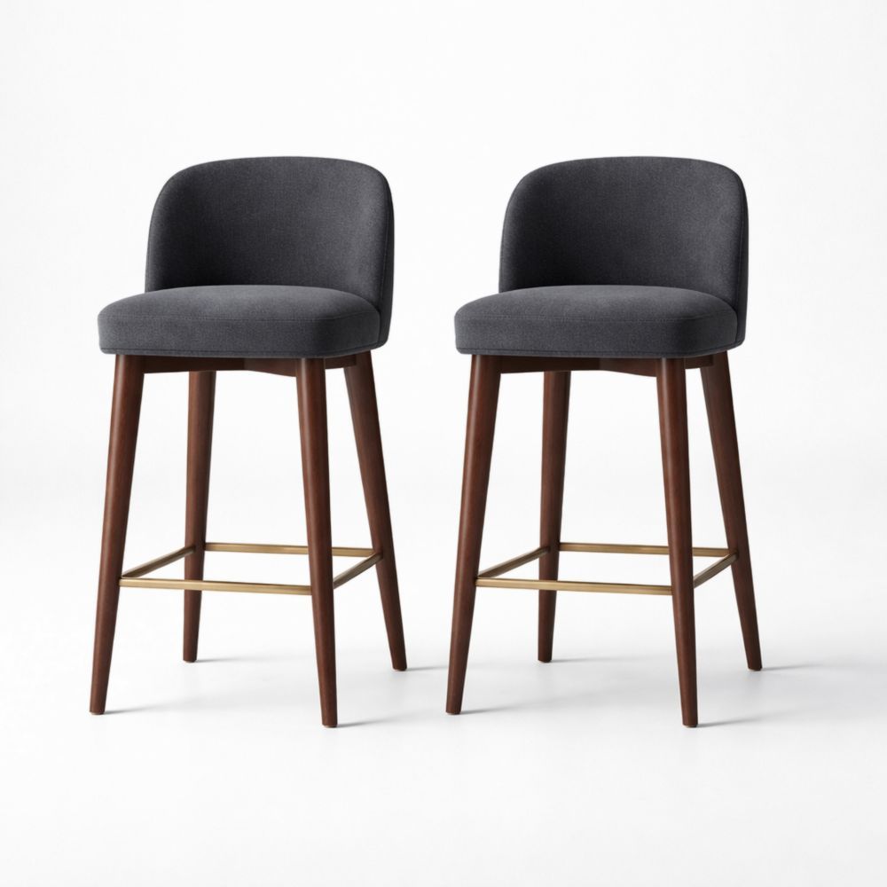 Set of 2 Dark Gray Polyester Fabric Bar Stools with Walnut and Brass Details
