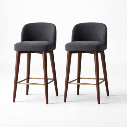 Set of 2 Dark Gray Polyester Fabric Bar Stools with Walnut and Brass Details
