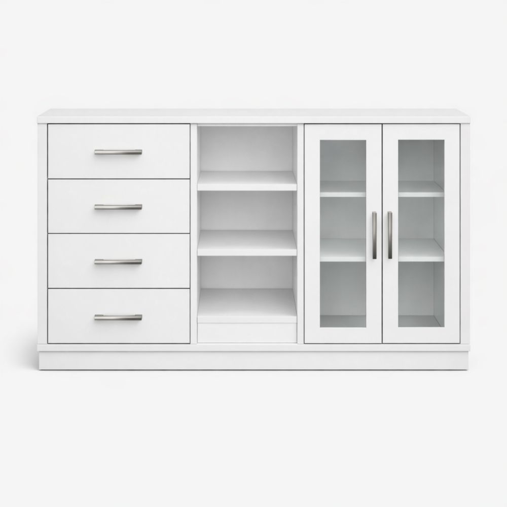 White MDF Sideboard with Glass Doors and Drawers 145cm