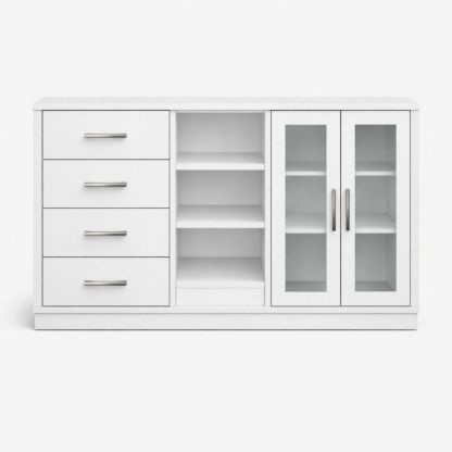 White MDF Sideboard with Glass Doors and Drawers 145cm