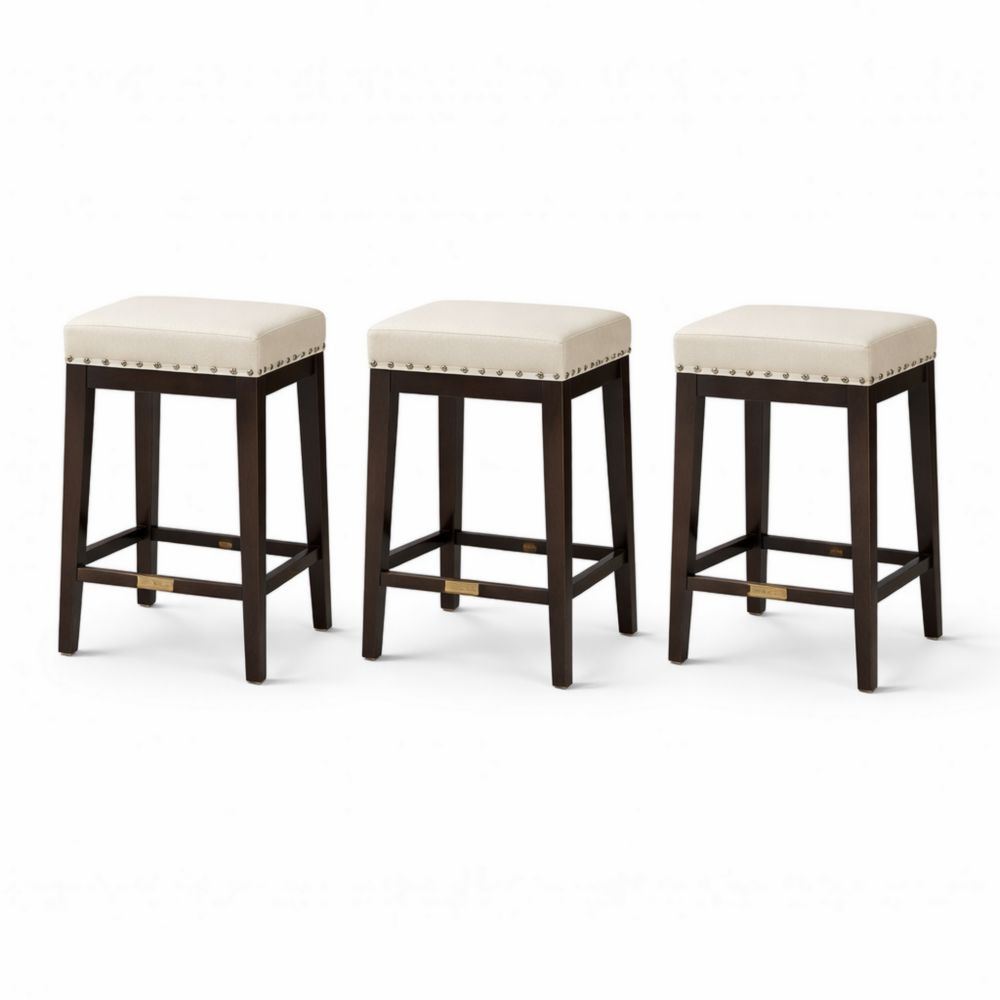 Set of 3 Wood and Linen Upholstered Square Bar Stools Beige