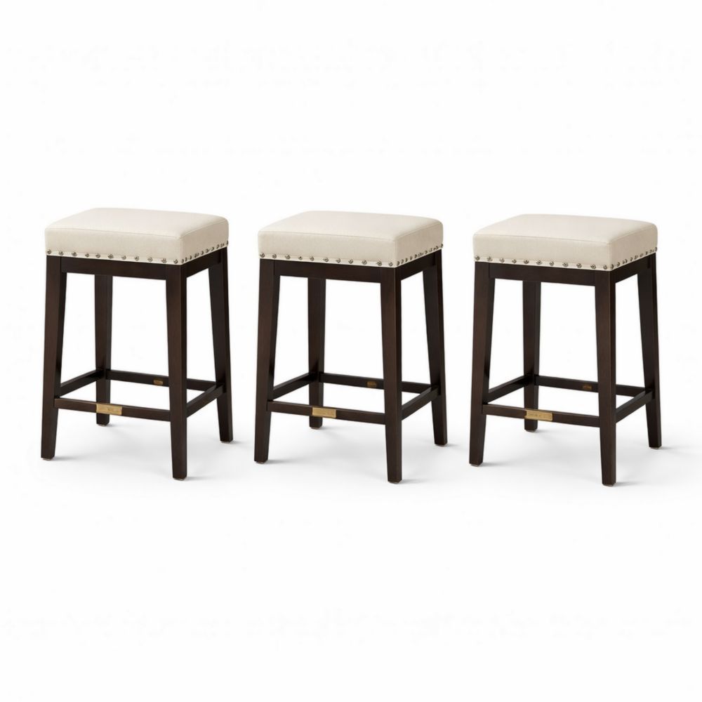Set of 3 Wood and Linen Upholstered Square Bar Stools Beige
