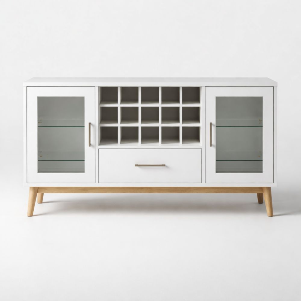 White Wood Glass Door Sideboard with Wine Storage and Drawer