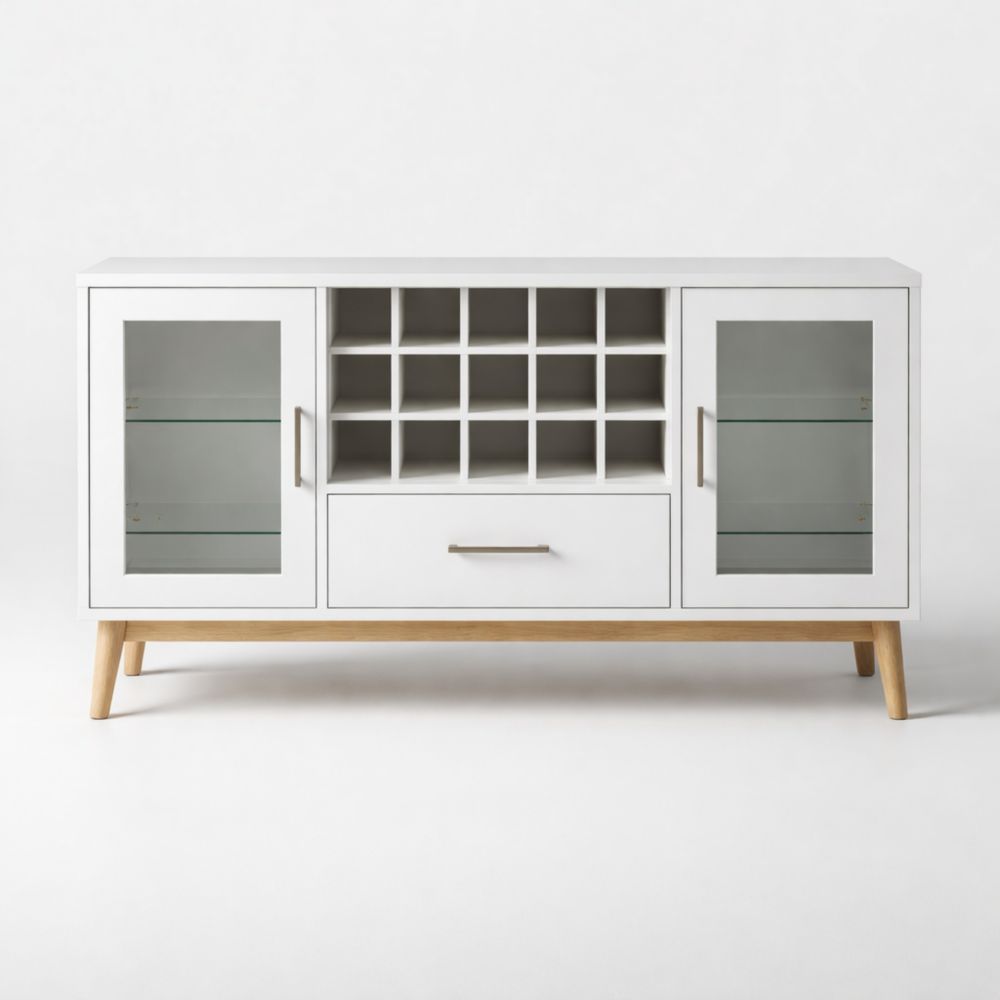 White Wood Glass Door Sideboard with Wine Storage and Drawer