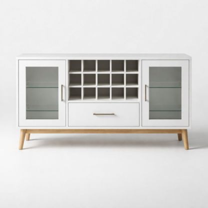 White Wood Glass Door Sideboard with Wine Storage and Drawer