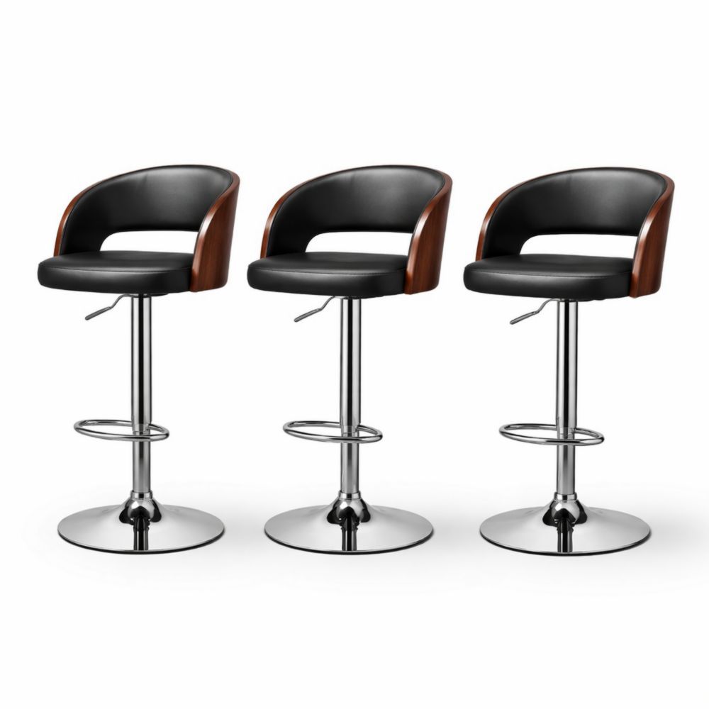 Set of 3 Adjustable Swivel Bar Stools Faux Leather and Chrome with Wood Accents