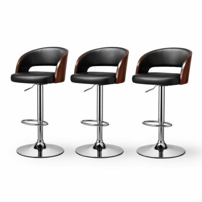 Set of 3 Adjustable Swivel Bar Stools Faux Leather and Chrome with Wood Accents
